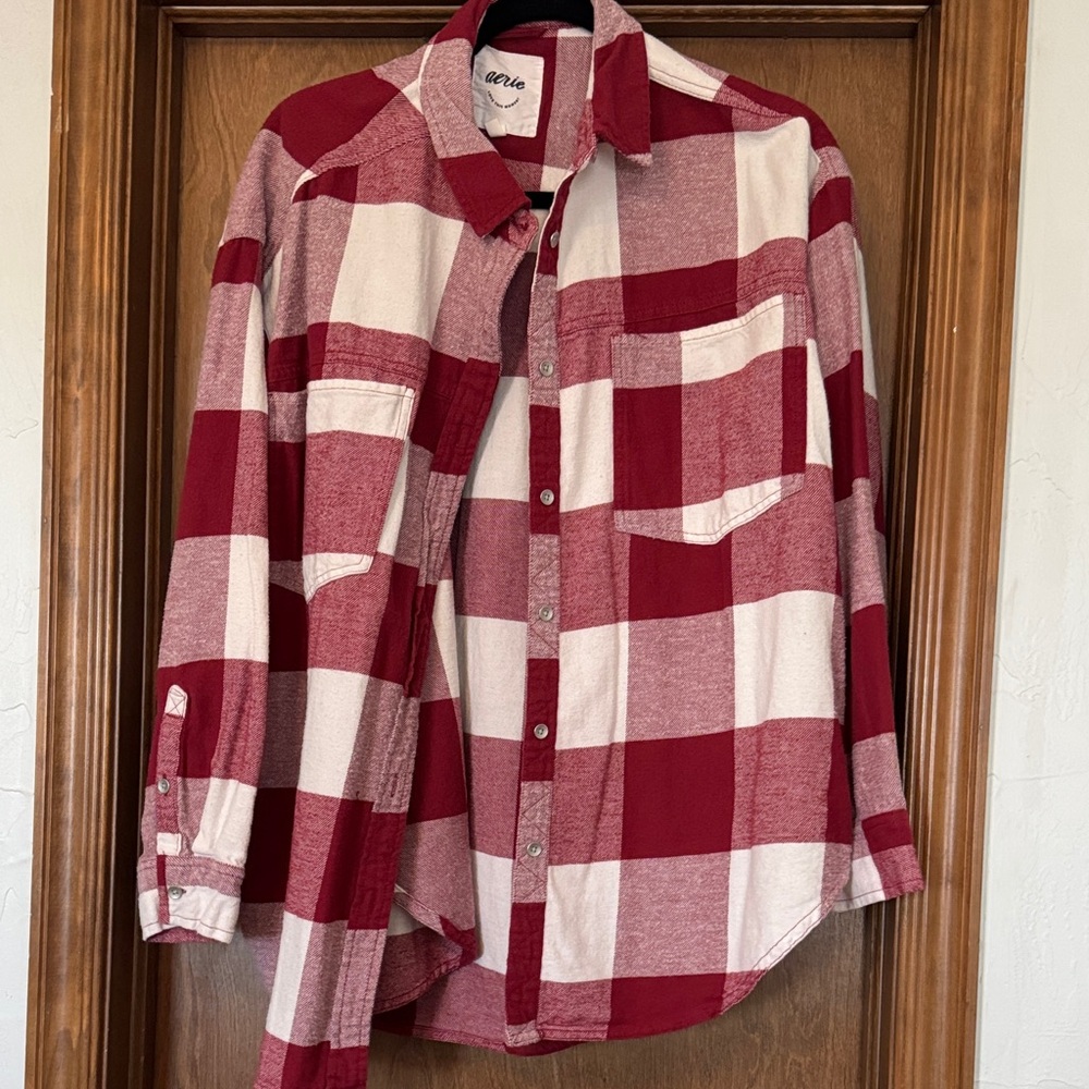 Aerie anytime fav flannel red  and White Plaid Button-Up Shirt